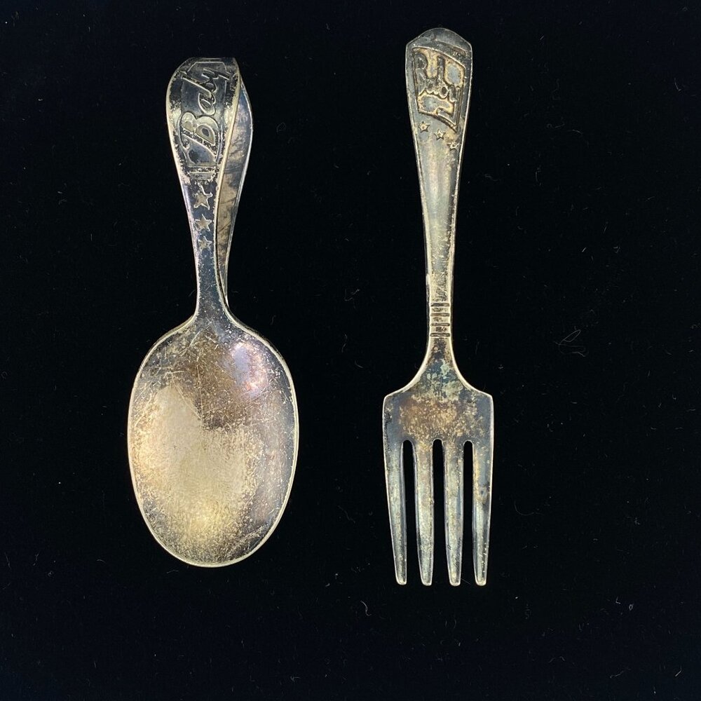 Vintage Imperial Silverplate Curved Handle Baby Spoon and Fork